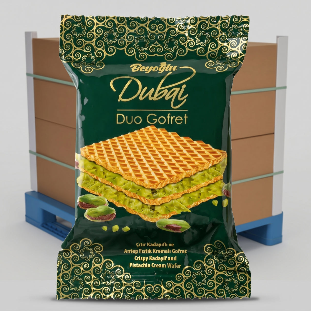 Dubai Duo Wafer (Pistachio and Kadayif Cream Filled) - 1 Pallet, 42 Boxes