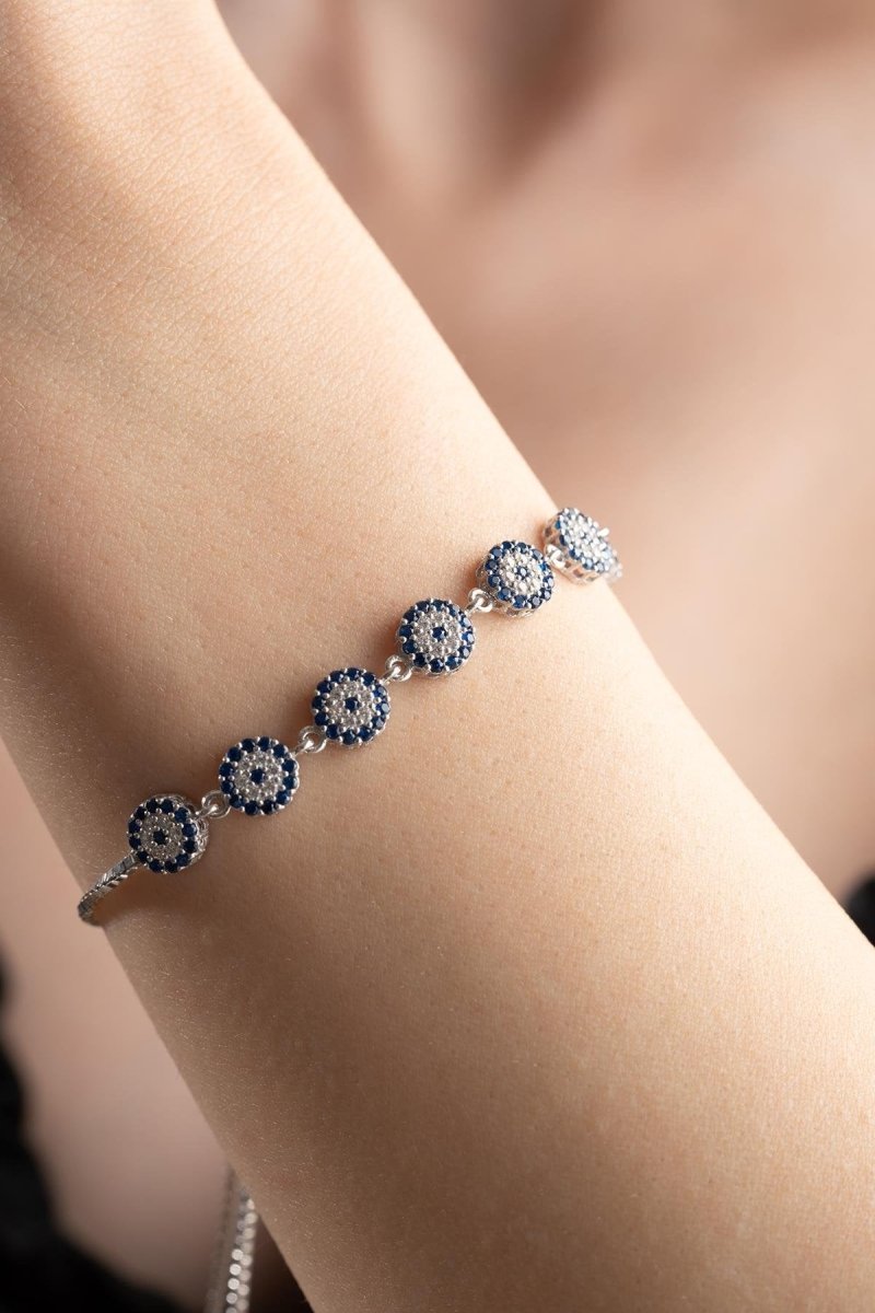 Elegant 925 Sterling Silver Rhodium Nazar Evil Eye Bracelet - Adjustable Protection Charm Jewelry - Aladdin Business