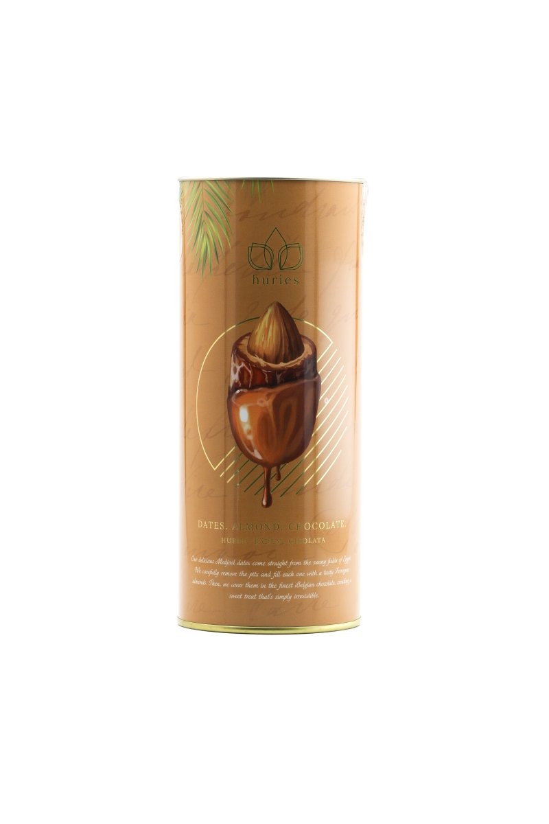 Huries Premium Almond-Stuffed Gold Chocolate Dates - 12 Tin Cans x 200g