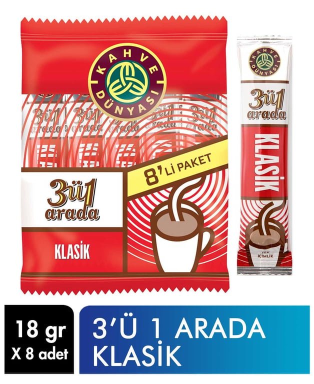 Kahve Dunyasi 3 - in - 1 Classic Instant Coffee Sachets - 8 x 18g Pack - Aladdin Business