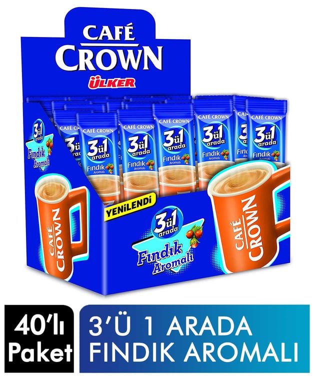 Ulker Cafe Crown Hazelnut 3 - in - 1 Instant Coffee Mix - 40 Count Single Serve Sachets - Aladdin Business
